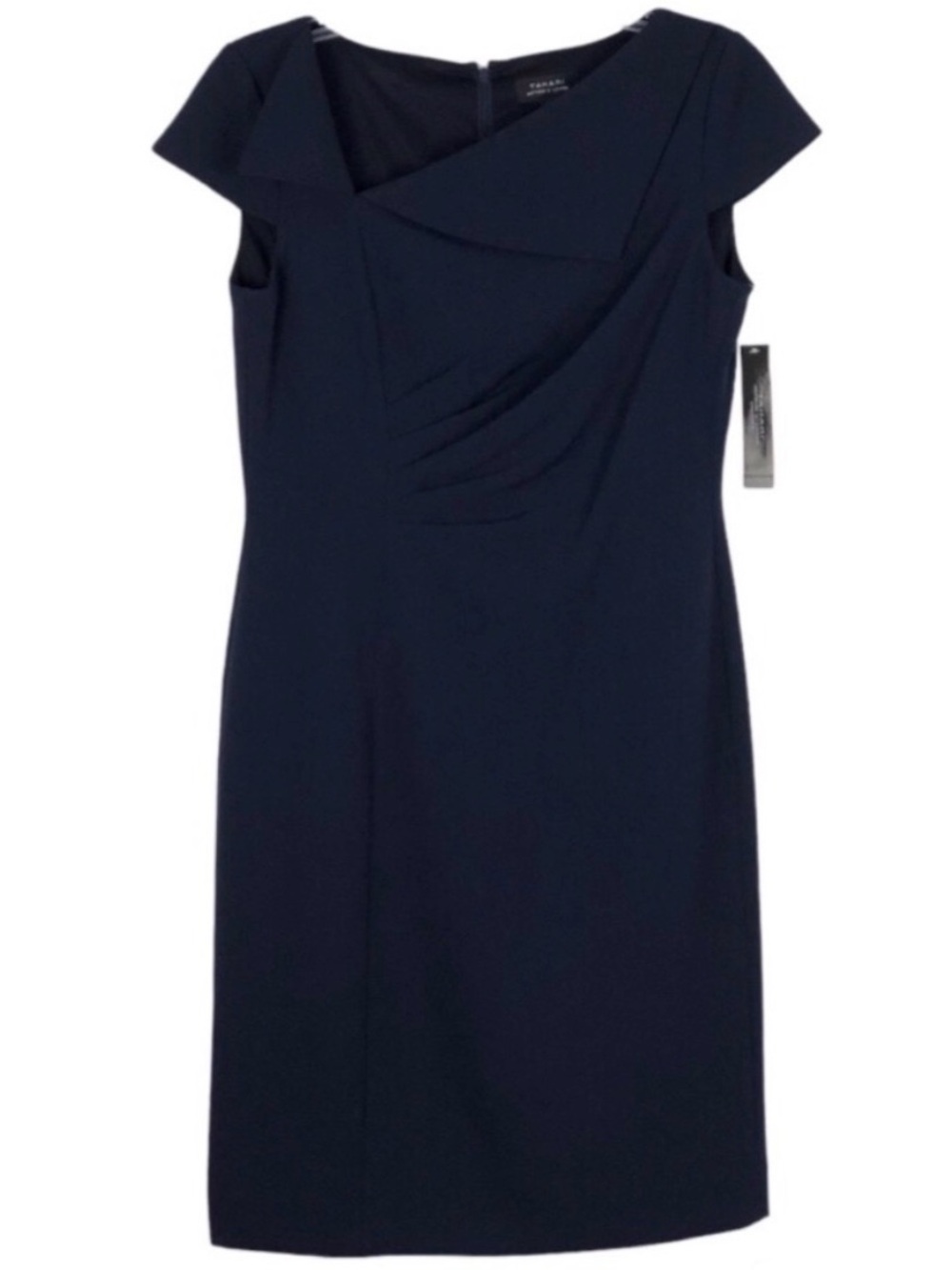 Tahari ASL Navy Asymmetric Collared Sheath Dress 6 - Picture 2 of 16